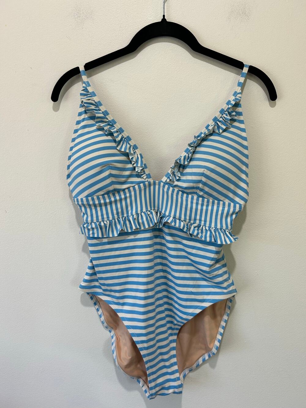 J. Crew one piece swim suit size 10 blue white striped ruching resort coastal